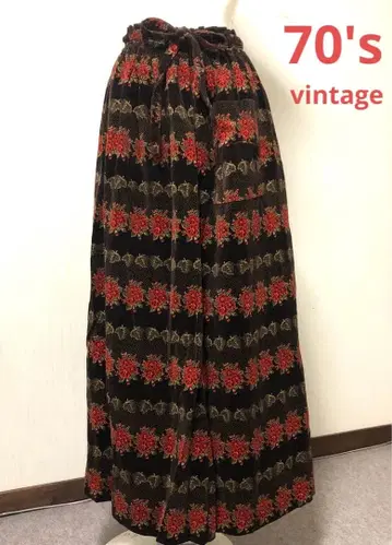 쇼와 레트로 70s 빈티지 꽃무늬 벨로아 원단 플레어 스커트