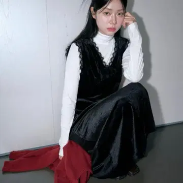 UNE MANSION 리본 x 레이스 트리밍 벨벳 롱 원피스