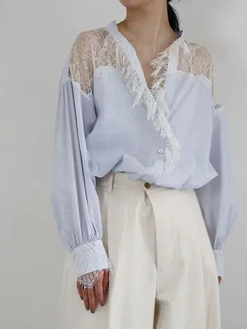 OWIL 아울 셔츠 레이스 블라우스 스트라이프 긴팔 로맨틱