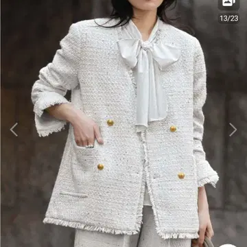 ELFRANK 트위드 프린지 노카라 자켓 화이트 엘프랭크