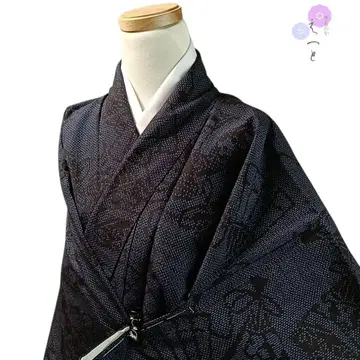 10 에토 기모노 순수 실크 이중 기모노 유키쓰무기 부채 문양 파랑