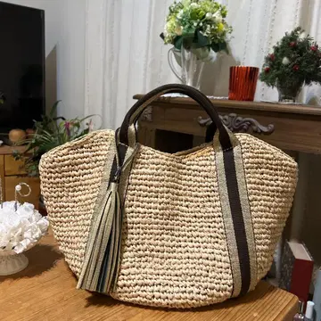 비올라돌로 SANDRO 라피아 테이프 핸들 토트 바스켓 백