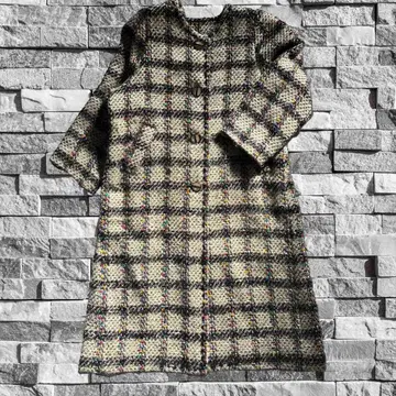 [ vintage ] 트위드 체크 노카라 롱 코트 멀티 컬러 레트로