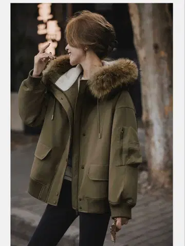 XIAOGULI 올리브 그린 다운 자켓 밀리터리풍 카키