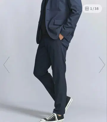 네이비 샴브레이 PE 노플리츠 슬림 슬랙스