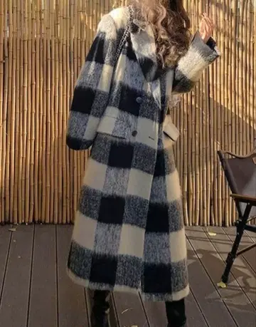 [택 포함 미사용 새상품] 블록 체크 충전솜 퀼팅 더블 롱 코트