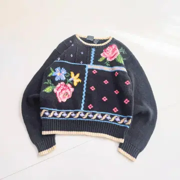90s LIZWEAR 꽃무늬 패치워크 니트 블랙 코튼 B25