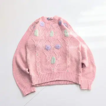 Mohini 입체 꽃무늬 자수 시스루 니트 핑크 B22