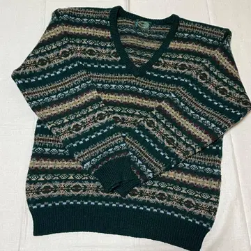 구제 의류 남성용 총 패턴 니트 울 100% 그린 L 사이즈 빈티지
