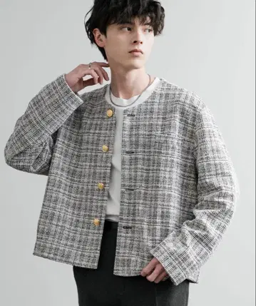 [택 포함 새상품] 체크 라메 트위드 골드 버튼 숏 기장 노카라 자켓