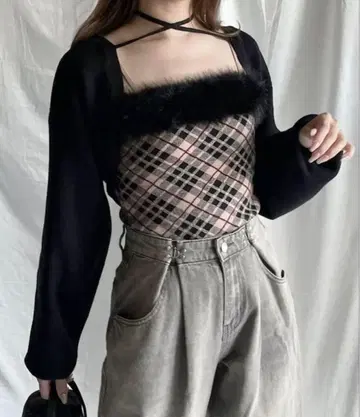 NOMAE 볼레로 세트 퍼 체크 상의