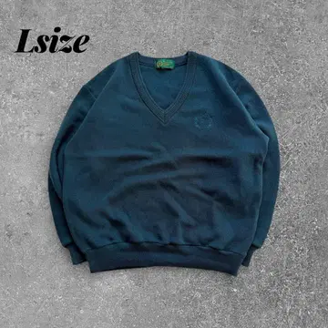 90s V넥 울 니트 원포인트 로고 그린 여성 빈티지 칼리지