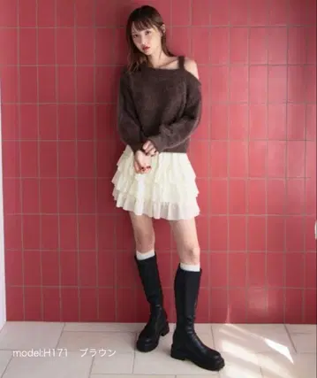 라메 페더 원숄 니트 풀오버 라메 니트 브라운