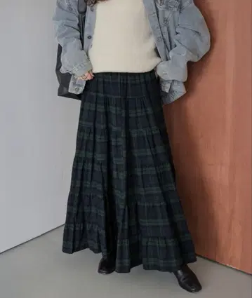 La-gemme 체크 무늬 티어드 롱 스커트 그린