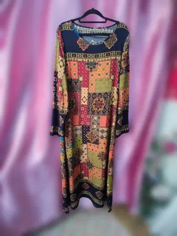 새상품 추가 OFF 루즈핏 에스닉풍 패치워크 패턴 롱 원피스 긴팔