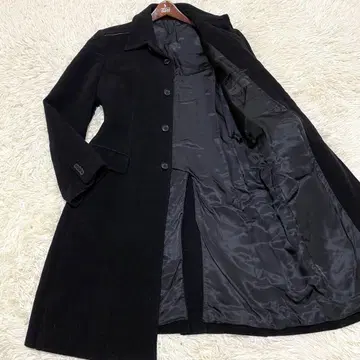 [ 새상품급 ] 코무사 데 모드 헤링본 롱 코트 가죽 파이핑 블랙 L