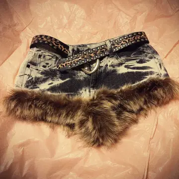 헤이세이 갸루 Y2K 퍼 달린 타이다이 데님 숏팬츠 벨트 포함 레어