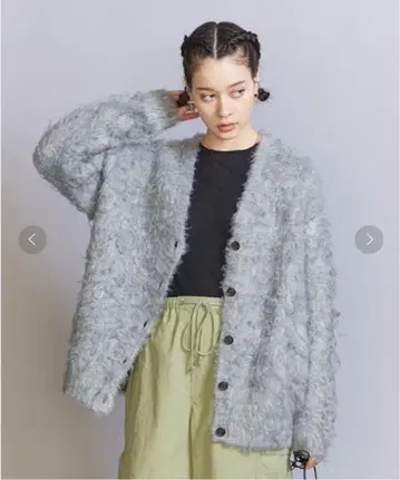 BEAUTY&YOUTH 샤기 자카드 V넥 가디건 그레이