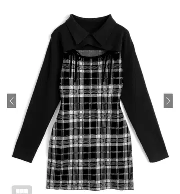 [ 미사용 새상품 ] 체크 무늬 프론트 오픈 리본 니트 미니 원피스