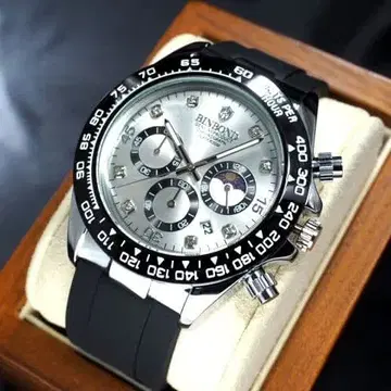 크로노그래프 쿼츠 BINBOND 실버 남성용 워치 손목시계 보증