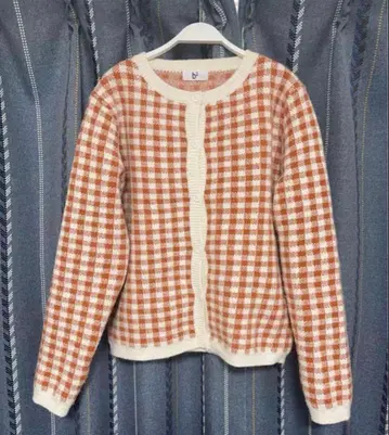 호박 오렌지 컬러 두꺼운 원단 체크 니트 스웨터 가디건