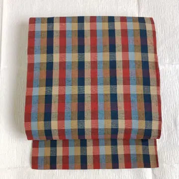 빨간색 x 파랑 x 스카이블루 x 베이지 체크 무늬 나고야 오비