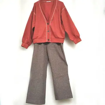 [코디 판매] 오렌지 가디건 브라운 와이드 팬츠