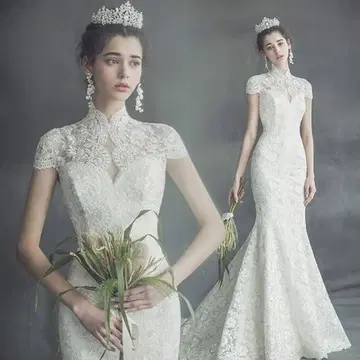 전체 자수 머메이드 웨딩 드레스 롱 트레인 고급