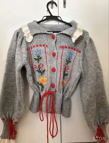 zara 자카드 가디건 플라워 자수 그레이 리본