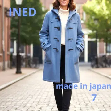 INED 더플 코트 스카이블루 미들 기장 후드 부착 새상품급