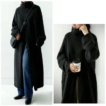 안티카 슬릿 니트 원피스 롱 하이넥 블랙