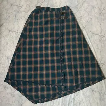 체크 무늬 스커트 랩 스커트풍 버클 포함 불규칙 밑단 레이스 밑단