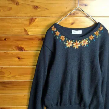 니트 꽃 자수 가을/겨울 페미닌 블랙 M 고급 레트로 빈티지 구제 의류