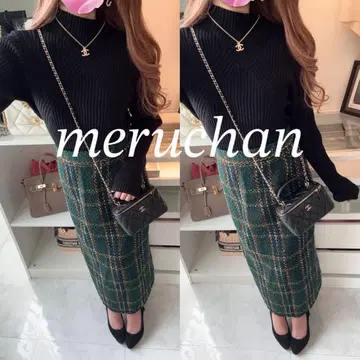 [ 새상품급 ] 코디 세트 하이넥 리브 니트 & 체크 무늬 트위드 스커트