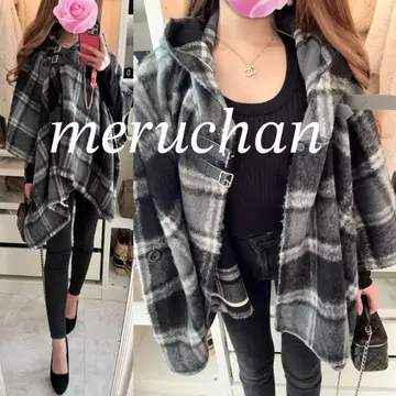 [ 새상품급 ] euple 후드 부착 체크 무늬 니트 판초 가디건