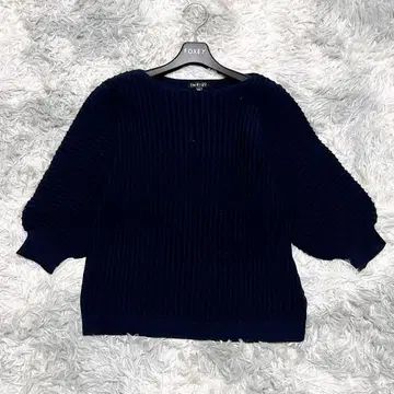 INDIVI 38 볼륨 소매 리브 니트 네이비 출퇴근 오피스 캐주얼