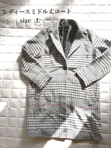 여성용 미들 기장 코트 그레이 레드 체크 무늬 사이즈 L