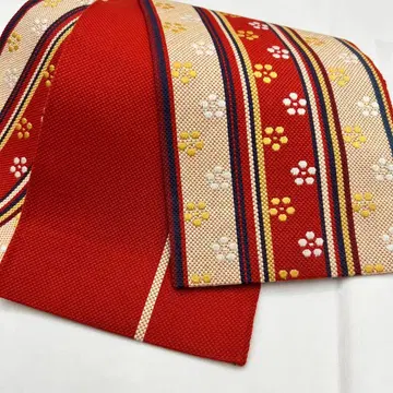 반폭 오비 소포장 실크 혼방 매화 문양과 줄무늬