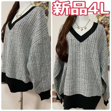 빅 사이즈 새상품 트위드풍 V넥 풀오버 튜닉 4L (화이트)