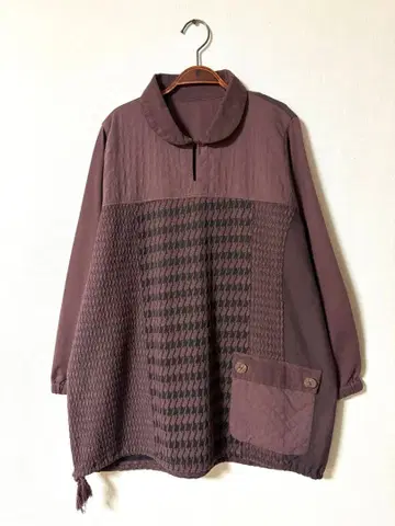 튜닉 브라운 하운드투스 체크 패턴 패치워크풍 내추럴 성숙 캐주얼