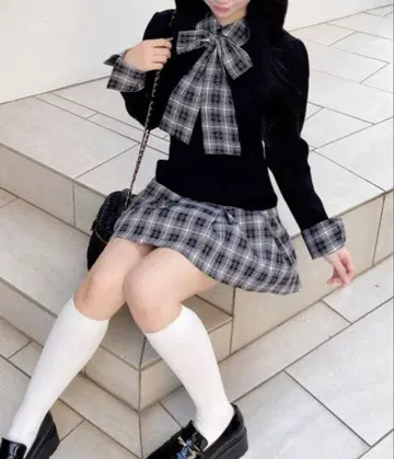 INGNI 체크 무늬 보타이 셔츠 도킹 니트 원피스