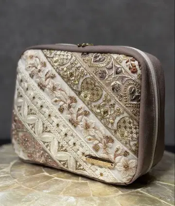 메이크 파우치 인도 자수 리본 (더스티 핑크 1)