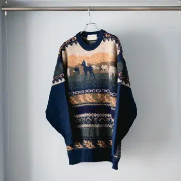 [ Filant ] 풍경 무늬 울 니트 애니멀 모티브 네이비 L