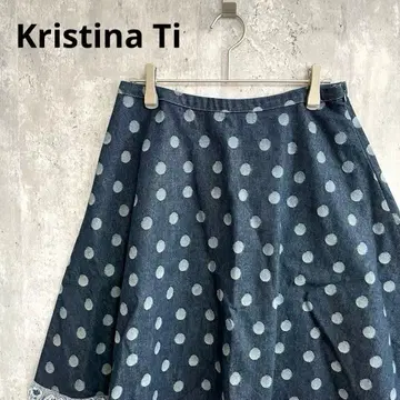 Kristina Ti 도트 데님 플레어 스커트 무릎 기장 귀여운 세련된