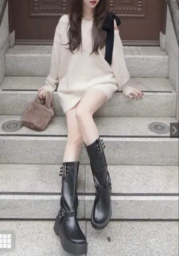 GRL 원숄더 벨로아 리본 니트 미니 원피스[dr796]