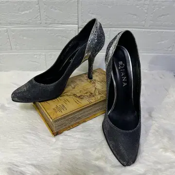 미사용급 다이애나 하이힐 펌프스 라메 블랙 여성용 드레스