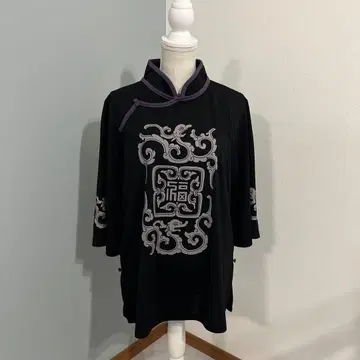 태극권 셔츠, 블랙 자수 중화권 스타일 7부 소매 상의