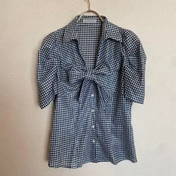 바니스 뉴욕 반팔 네이비 화이트 체크 무늬 [ S ] 리본 귀여움