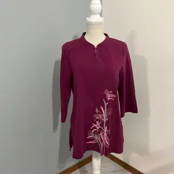 태극권 셔츠, 꽃무늬 프린트 반소매 셔츠 퍼플