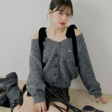 Chico 벨로아 리본 루즈 니트 가디건 차콜 그레이